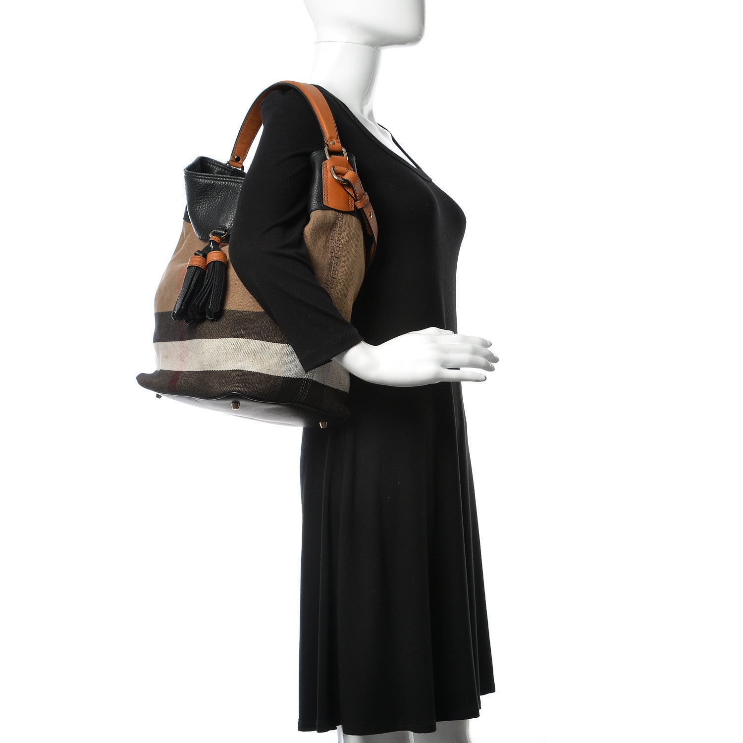 Burberry Grainy Calfskin Canvas Mega Check Medium Ashby Tassel Hobo Black 3 of 19