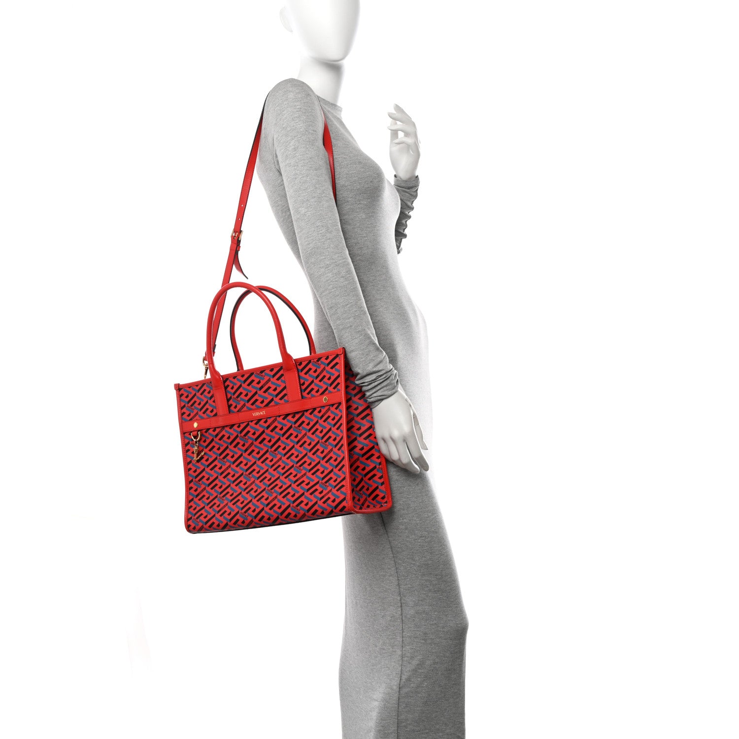 Versace Coated Canvas Calfskin La Greca Signature Tote Bag Blue Red 2 of 14