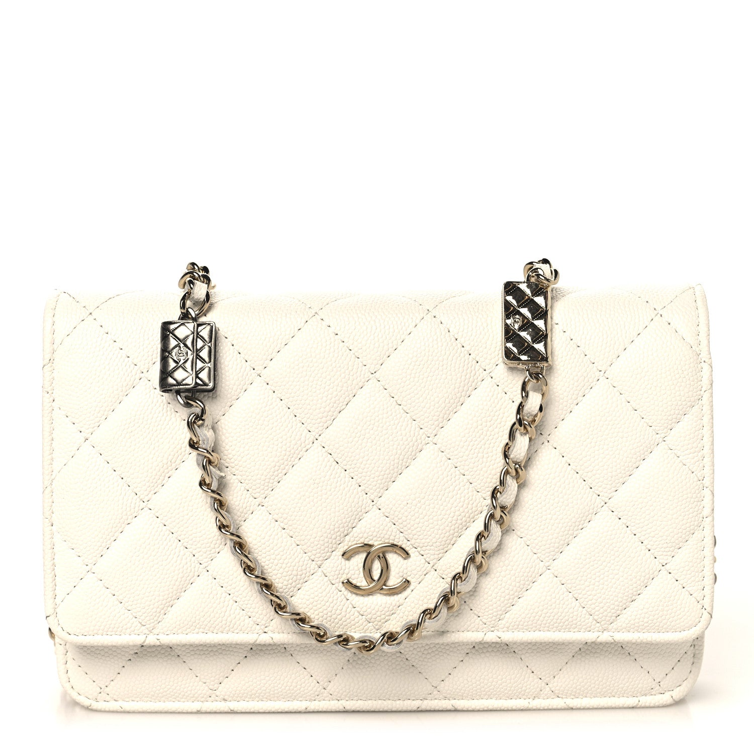 Chanel Shiny Caviar Quilted Flap Charm Wallet On Chain WOC White 1 of 12