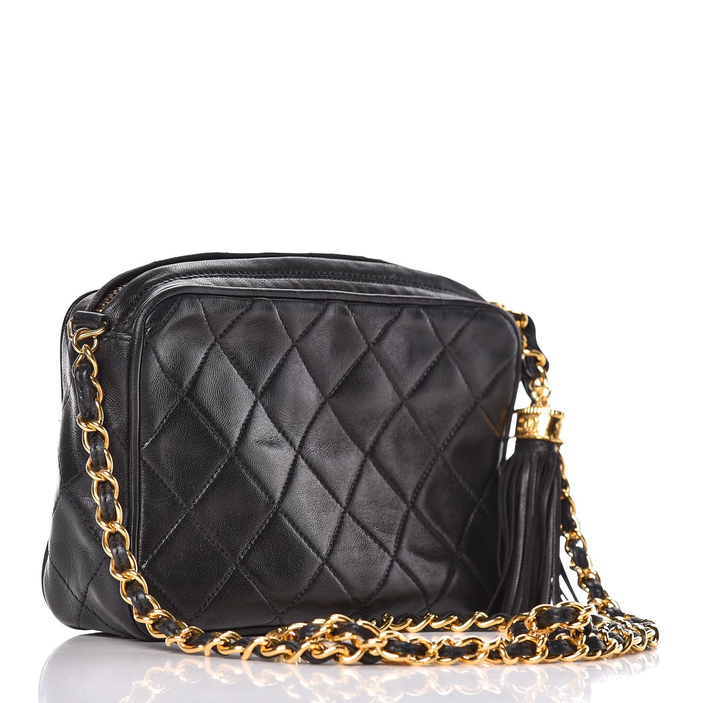 Lambskin Quilted Tassel Camera Case Pouch Black