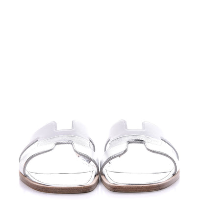 Hermes Metallic Nappa Box Oran Sandals 37.5 White Gris Argente 2 of 12