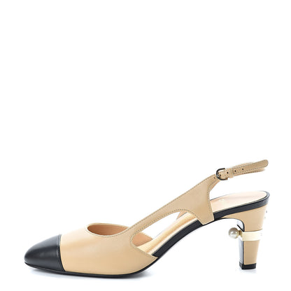 Chanel Lambskin Cap Toe CC Slingback Pumps 37.5 Beige Black 1 of 11