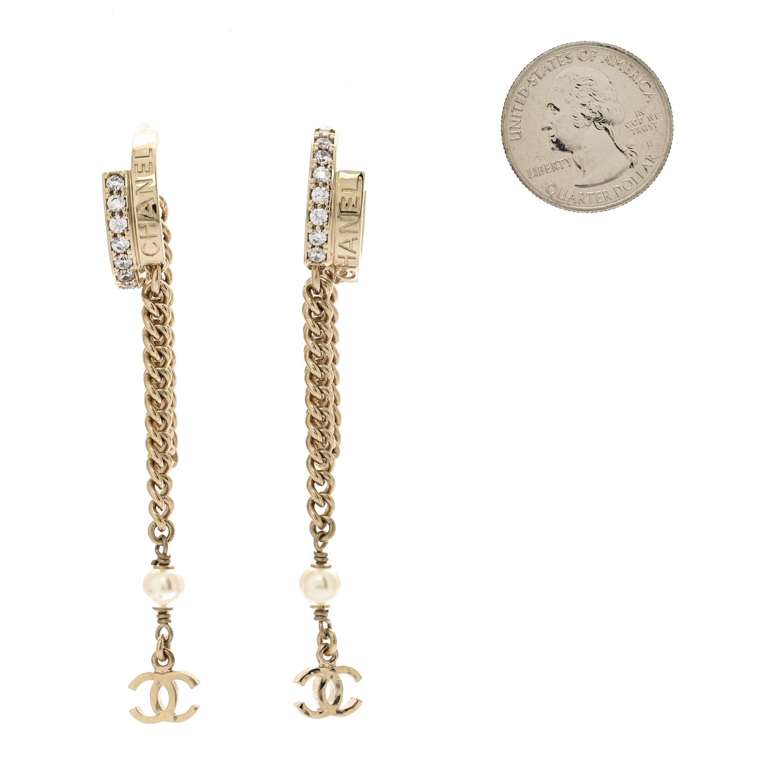 Chanel Metal Crystal Chain CC Hoop Earrings Gold 2 of 5