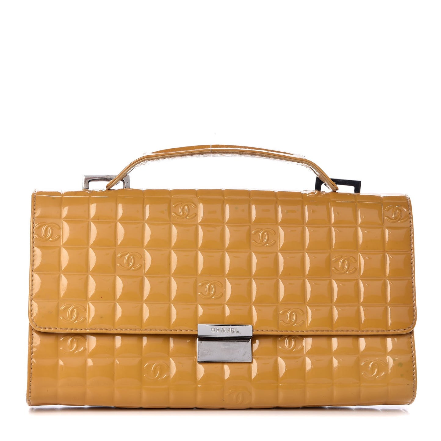 Patent Quilted Chocolate Bar Top Handle Clutch Yellow