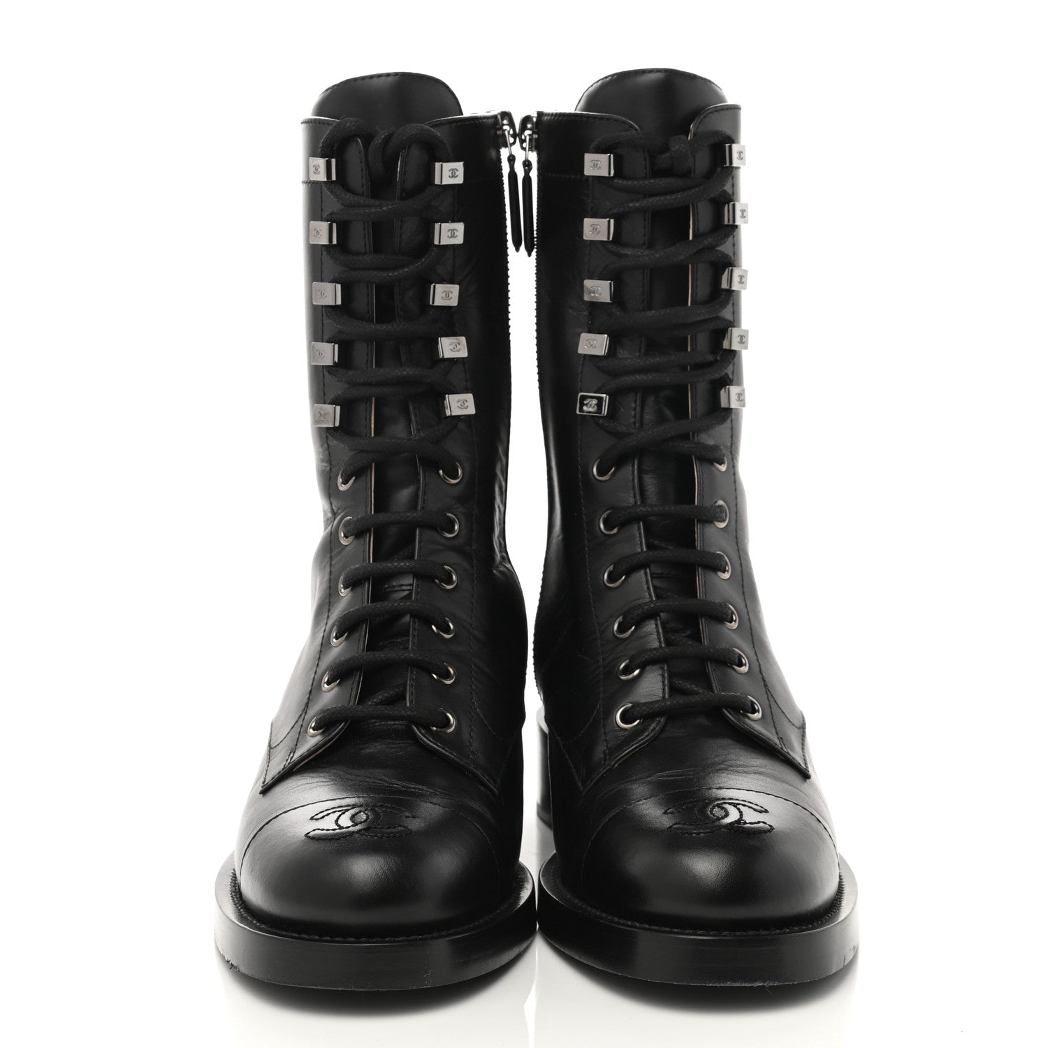 Chanel Crumpled Lambskin Shiny Calfskin Lace Up Combat Boots 37 Black 2 of 9