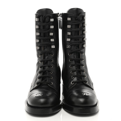 Chanel Crumpled Lambskin Shiny Calfskin Lace Up Combat Boots 37 Black 2 of 9