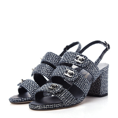 Chanel Tweed Lambskin CC Turnlock Sandals 38 Grey Silver Black 3 of 11