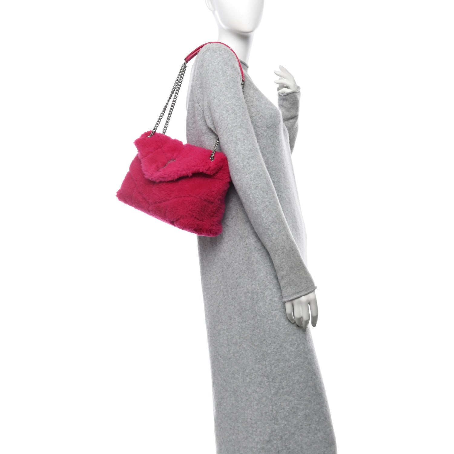 Saint Laurent Merino Shearling Lambskin Quilted Small Loulou Puffer Monogram Chain Satchel Fuchsia 2 of 11