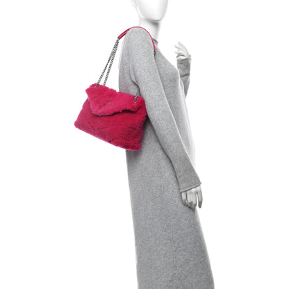 Saint Laurent Merino Shearling Lambskin Quilted Small Loulou Puffer Monogram Chain Satchel Fuchsia 2 of 11