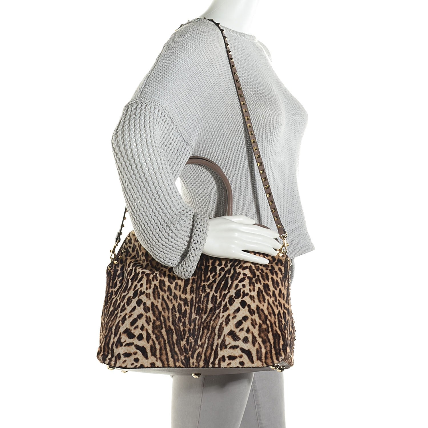 Valentino Garavani Calf Hair Cavallino Animal Rockstud Dome Satchel Leopard 2 of 9