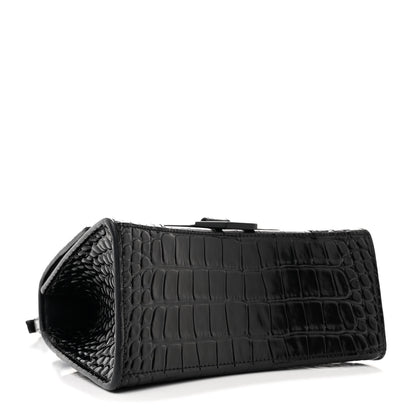 Balenciaga Shiny Calfskin Monochrome Crocodile Embossed Small Hourglass Top Handle Bag Black 4 of 15