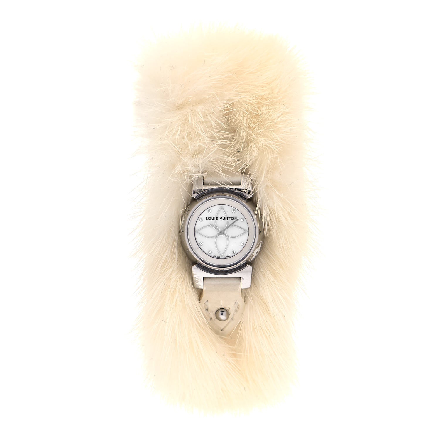 Louis Vuitton Stainless Steel Calfskin Mother of Pearl Fur 18mm Tambour Bijou Quartz Watch 1 of 4