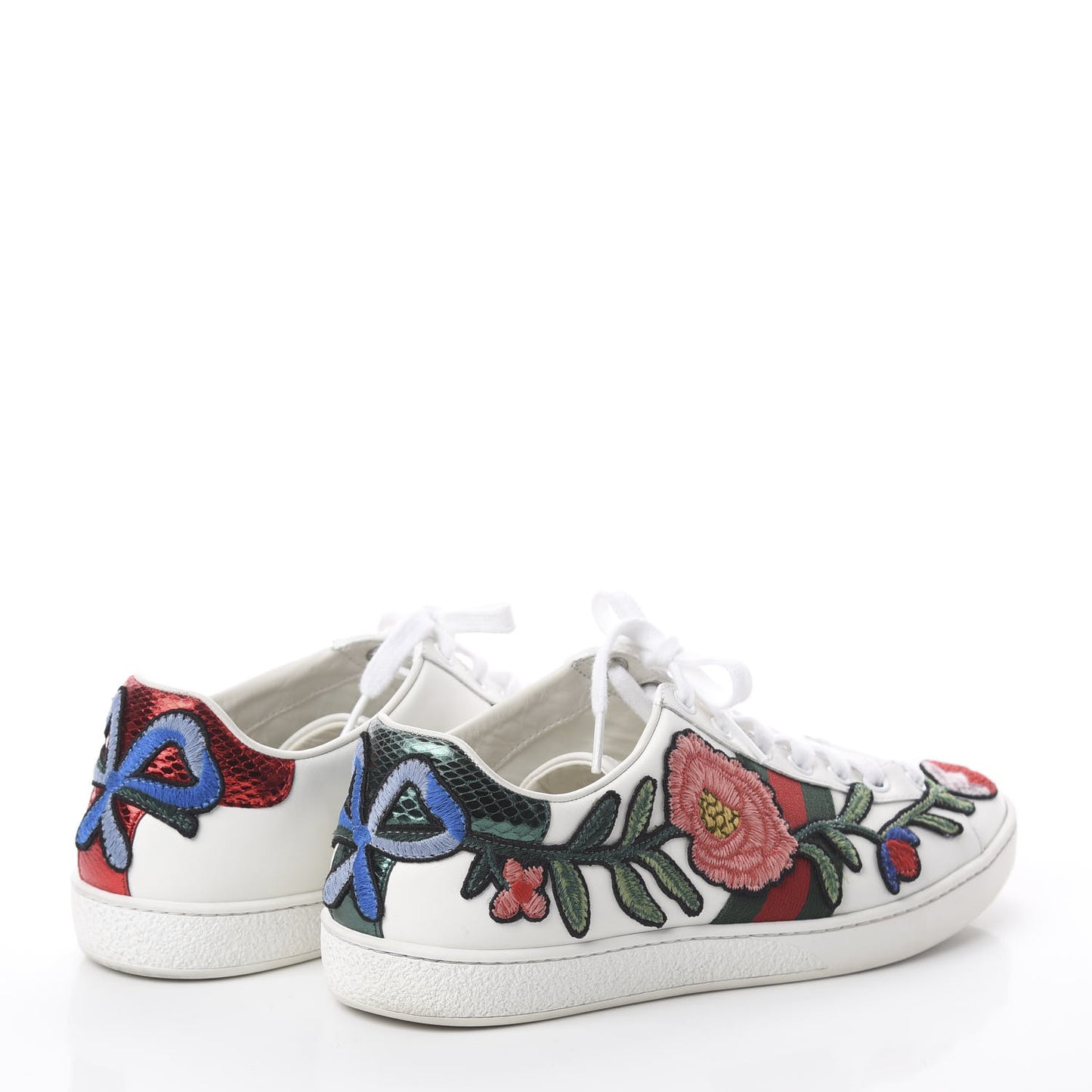 Calfskin Web Floral Embroidered Womens Ace Sneakers 38.5 White