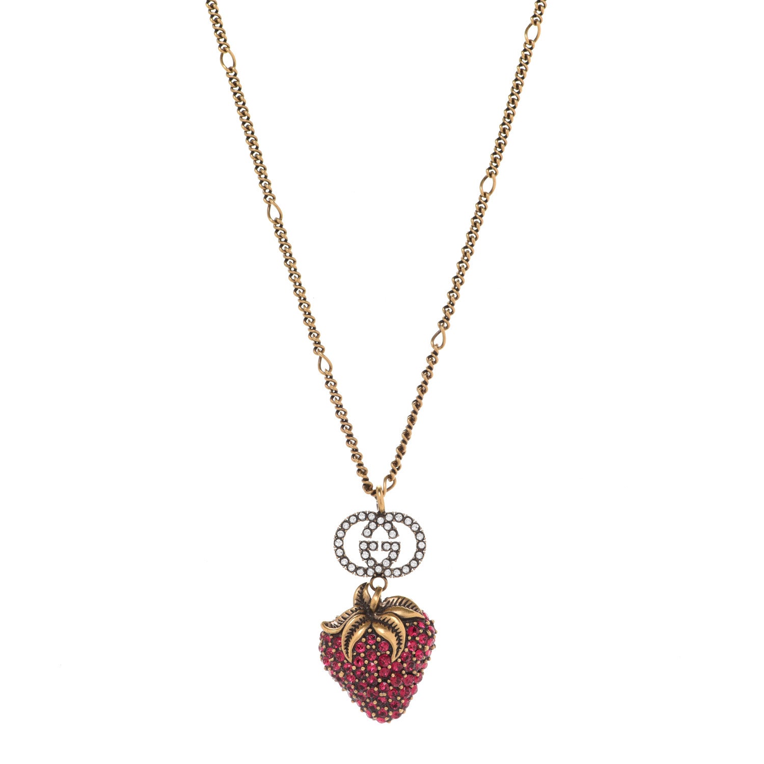 Gucci Crystal Embellished Strawberry Necklace Red Aged Gold 1 of 7