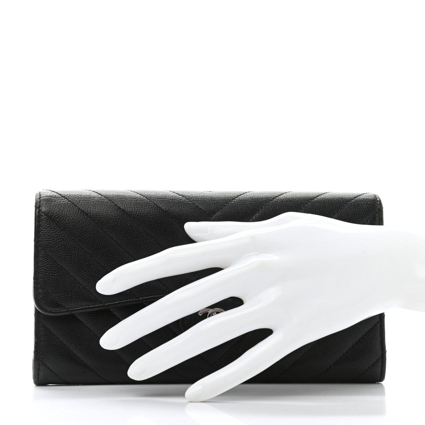 Caviar Chevron Quilted Large Gusset Flap Wallet Black