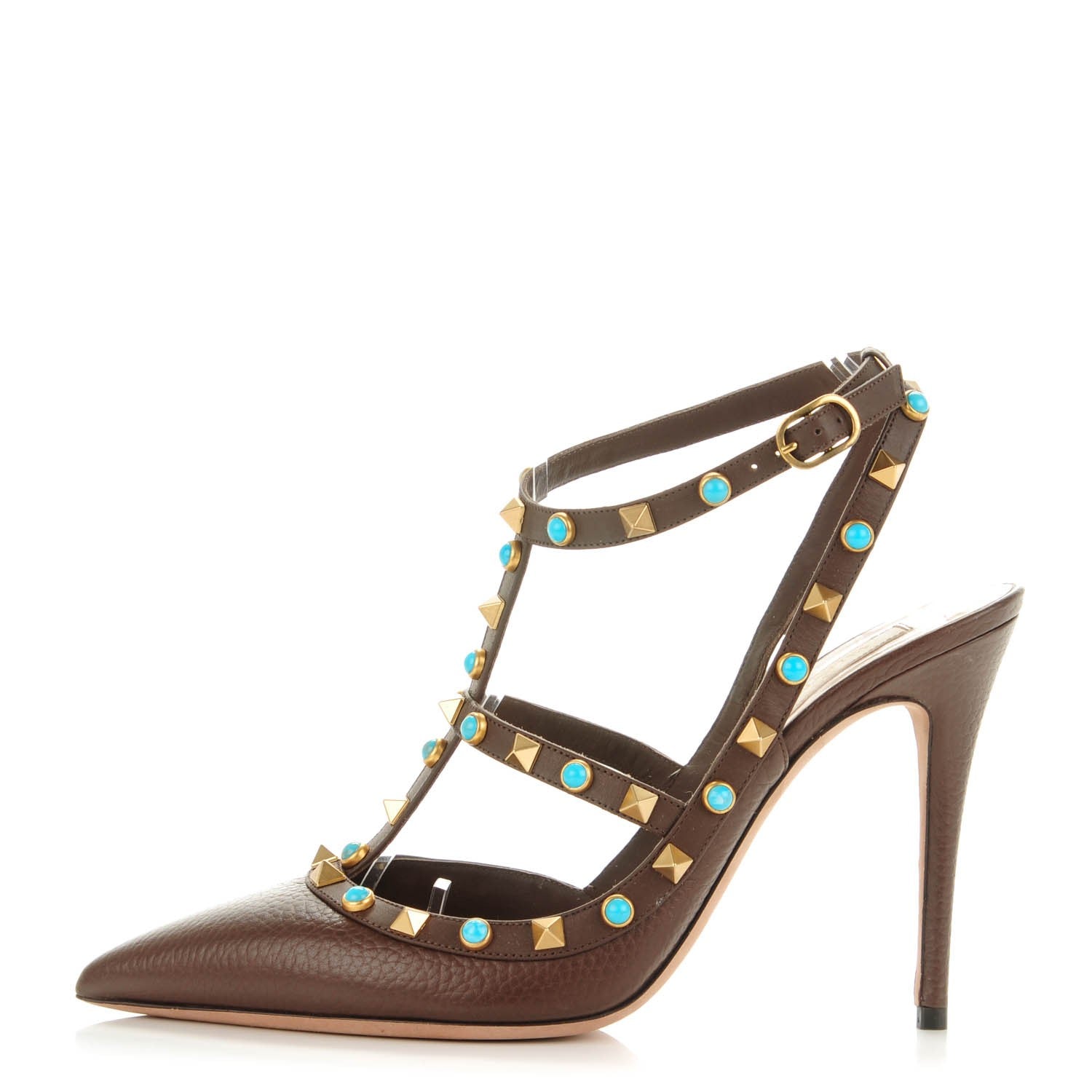 Valentino Garavani Pebbled Calfskin Turquoise Rockstud Rolling Ankle Strap 100mm Pumps 40 Cacao 1 of 8