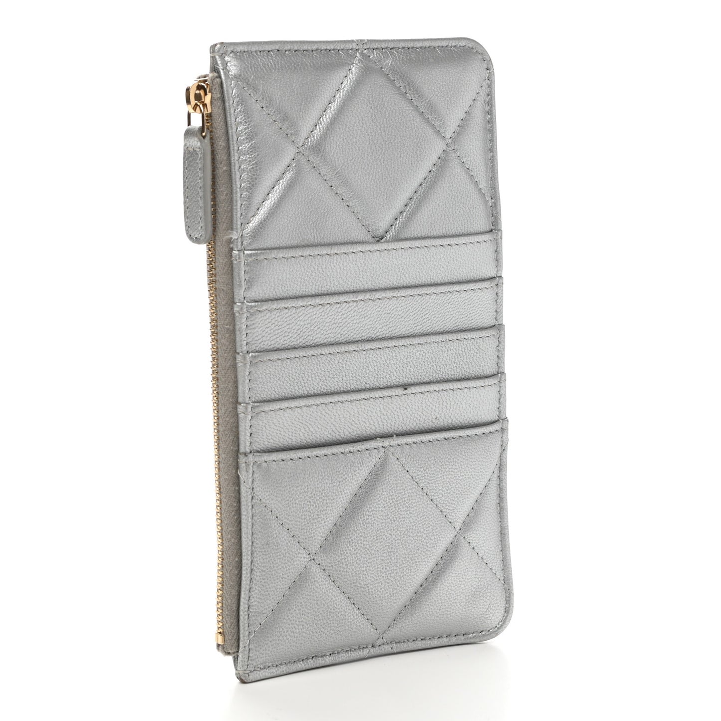 Metallic Goatskin Quilted Chanel 19 Flat Wallet Pouch Silver