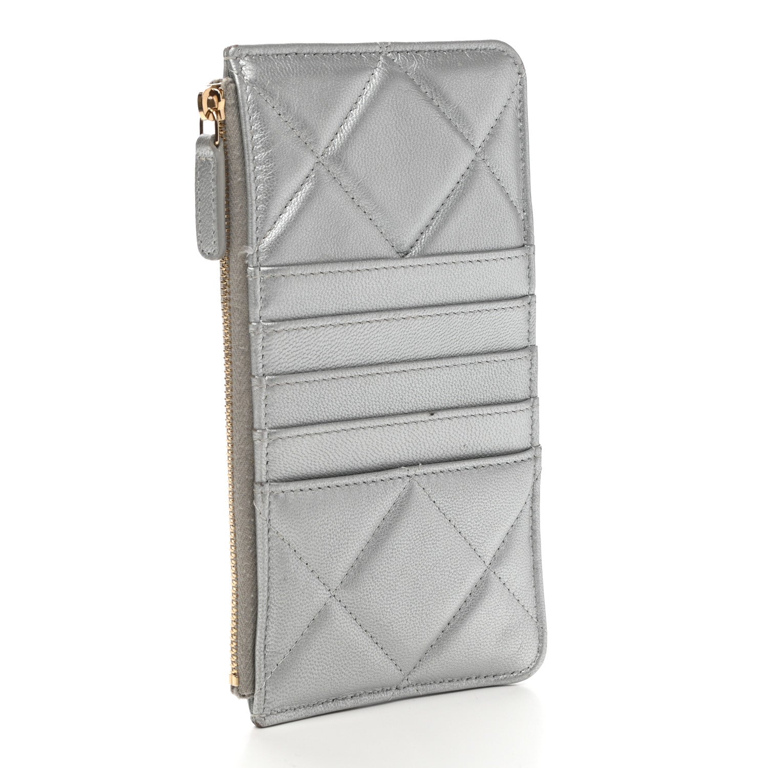 Chanel Metallic Goatskin Quilted Chanel 19 Flat Wallet Pouch Silver 3 of 9