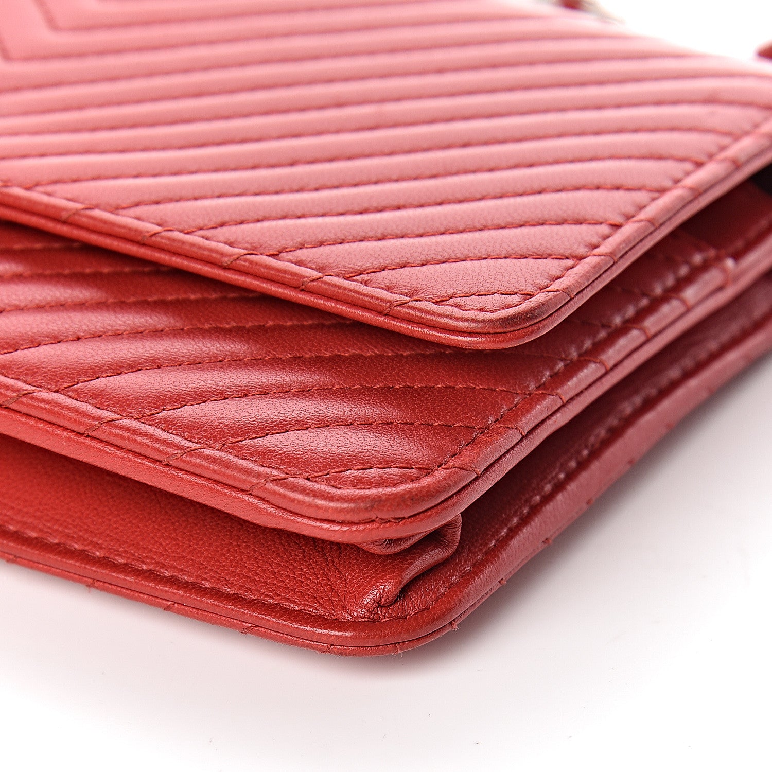 Chanel Lambskin Chevron Quilted Wallet On Chain WOC Red 10 of 15