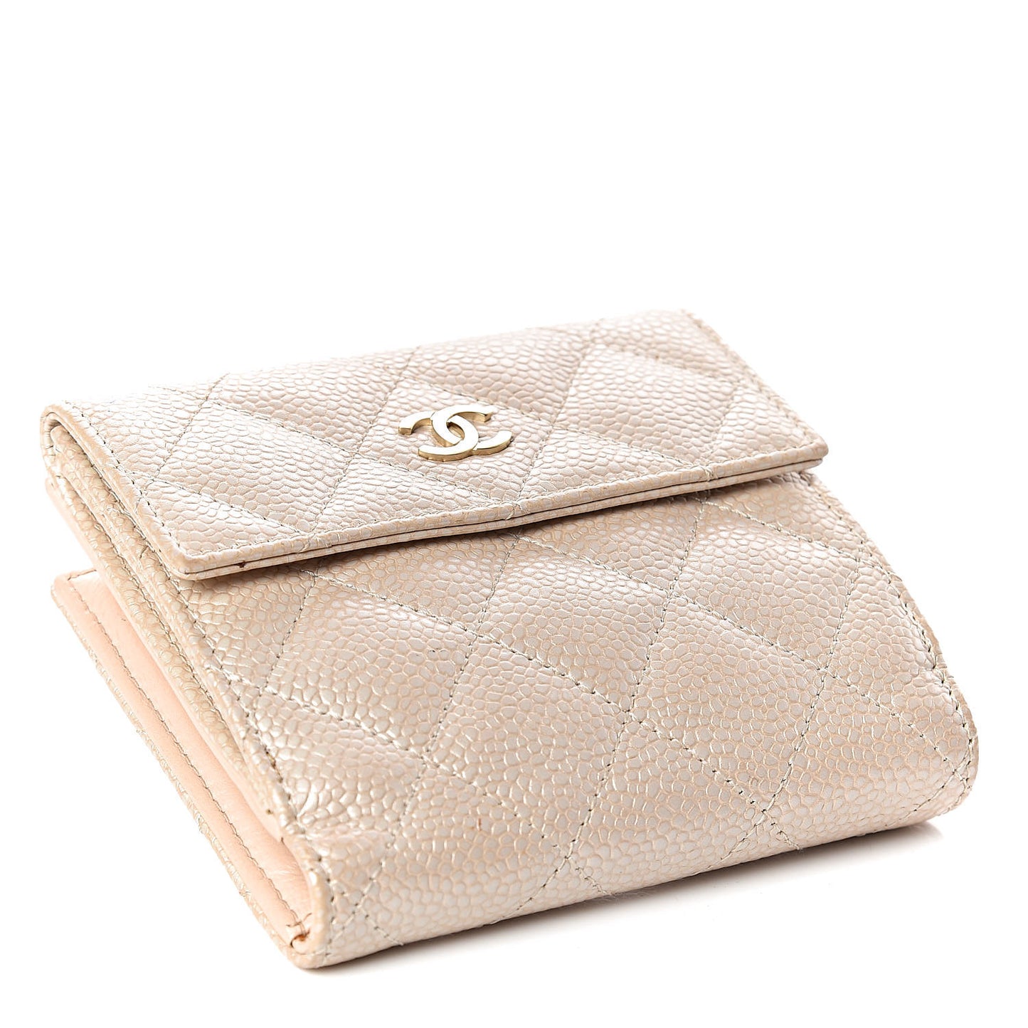 Metallic Caviar Quilted Compact French Flap Wallet Beige