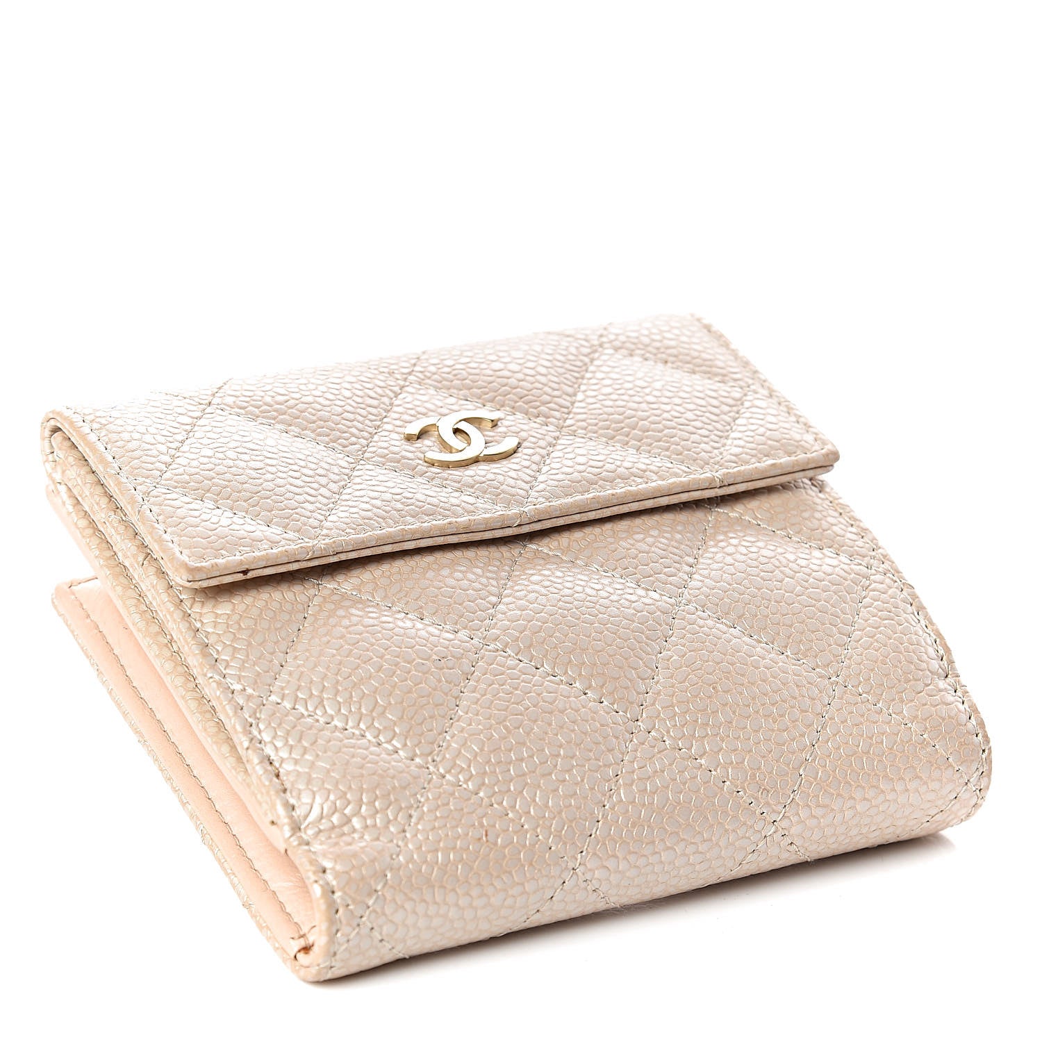 Chanel Metallic Caviar Quilted Compact French Flap Wallet Beige 4 of 9