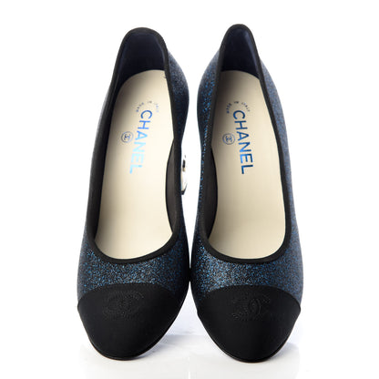 Chanel Glitter Grosgrain Cap Toe Logo Pumps 39 Blue 5 of 11