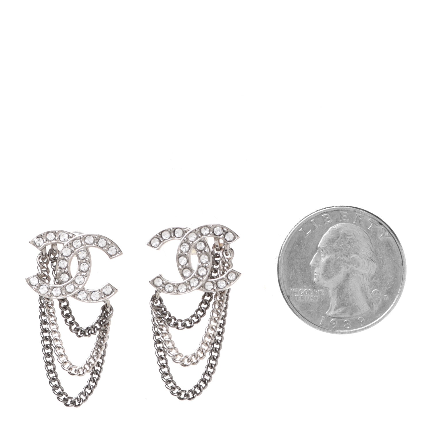 Chanel Crystal Chain CC Earrings Silver 2 of 5