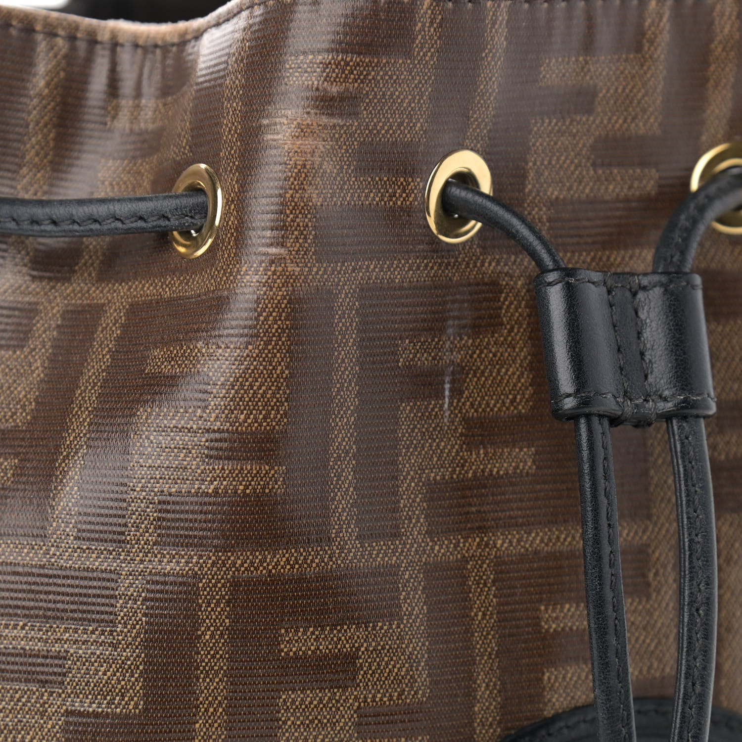 Fendi Glazed Fabric Vitello Grace F is Fendi FF 1974 Stamp Patch Grande Mon Tresor Bucket Bag Mogano Panna Black 14 of 16