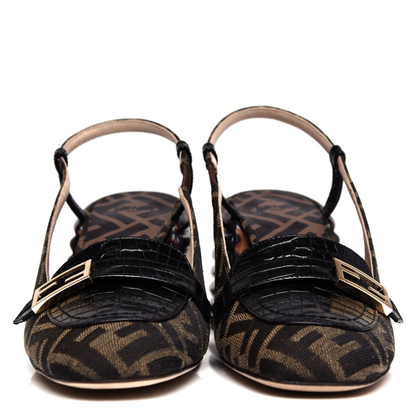 Jacquard Calfskin FF Tortoise Promenade Slingback Loafer Pumps 37.5 Tobacco