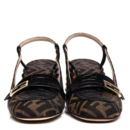 Fendi Jacquard Calfskin FF Tortoise Promenade Slingback Loafer Pumps 37.5 Tobacco 2 of 11