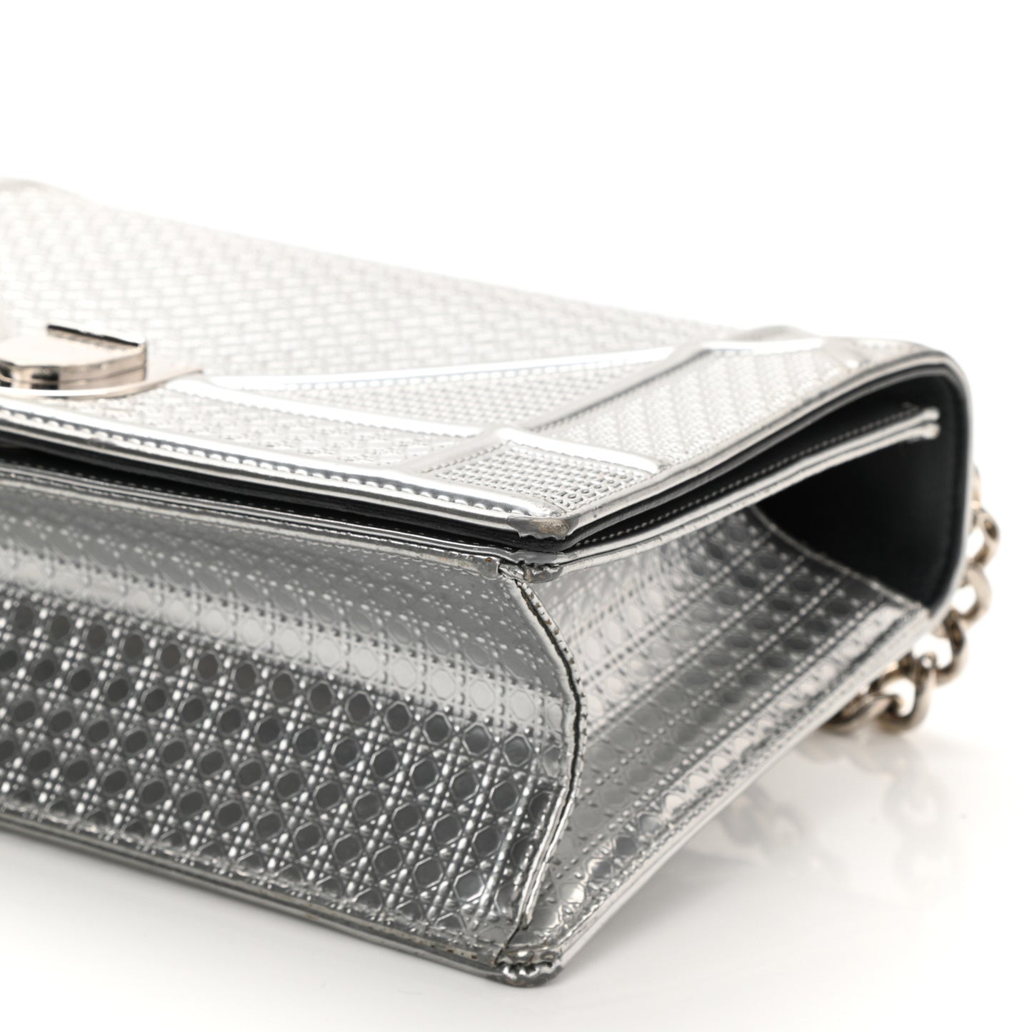Metallic Patent Micro-Cannage Small Diorama Flap Bag Silver