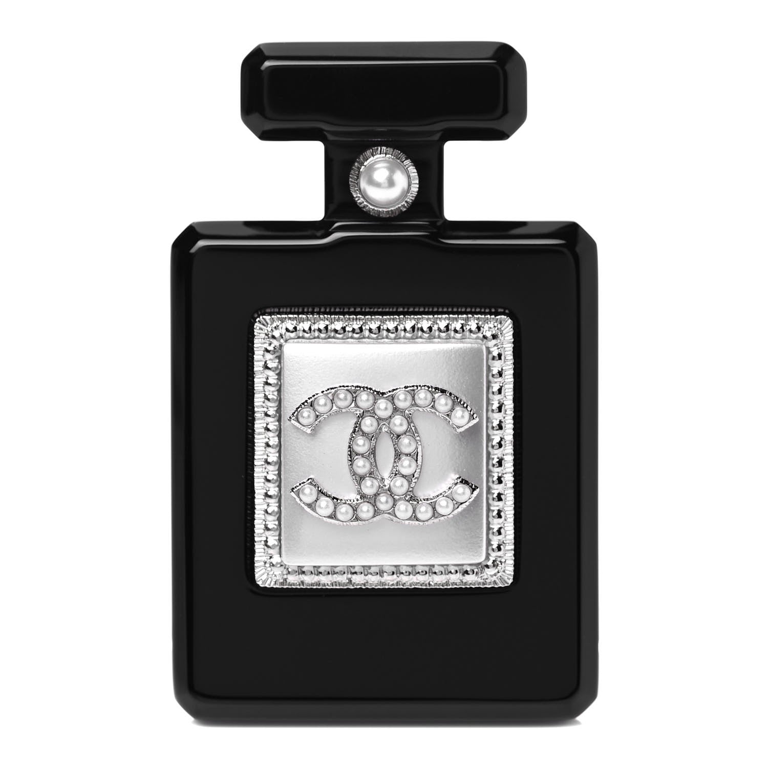 Chanel Resin Pearl Perfume Bottle CC Brooch Black Gold 1 of 3