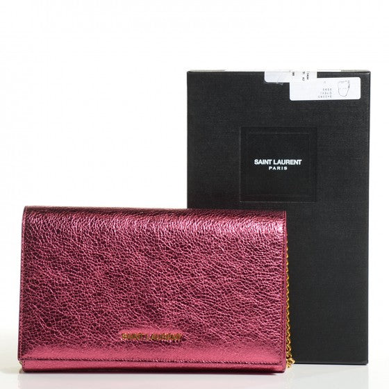 Saint Laurent Metallic Crackled Goatskin Wallet on Chain Pink 8 of 16