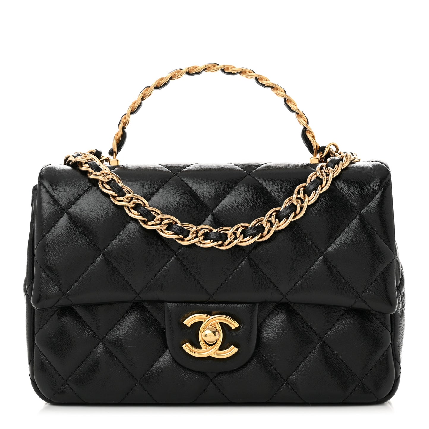 Shiny Lambskin Quilted Golden Links Top Handle Flap Black