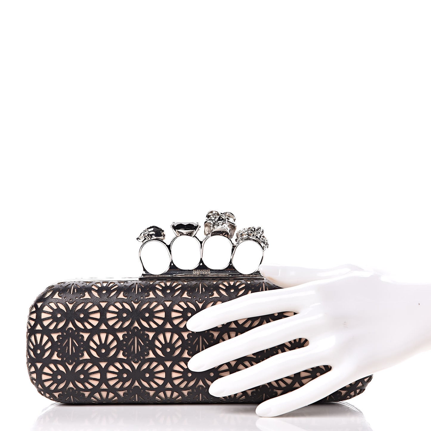 Calfskin Classic Bistrot Skull Knuckle Box Clutch Black Beige