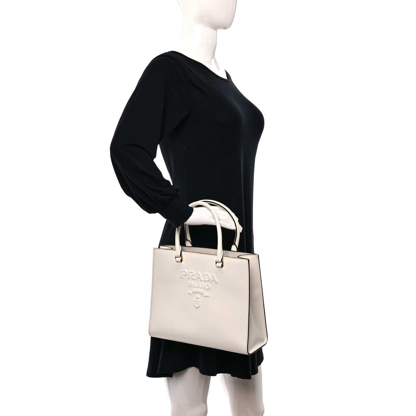 Saffiano Lux Logo Embossed Medium Shoulder Tote Handbag White