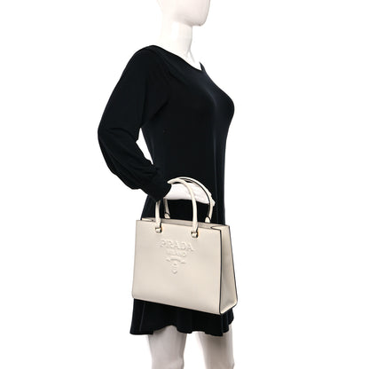 Prada Saffiano Lux Logo Embossed Medium Shoulder Tote Handbag White 2 of 9