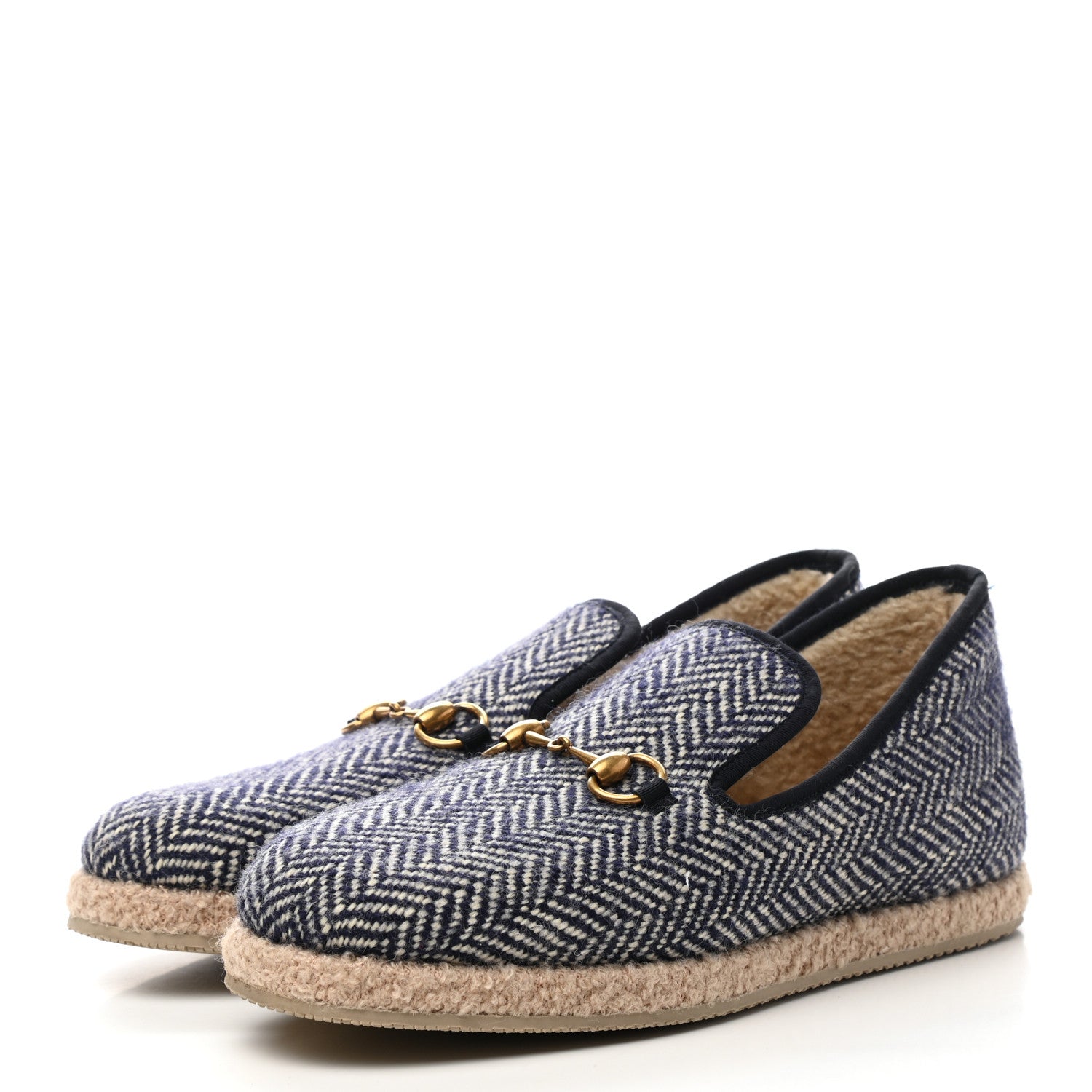 Gucci Covered Wool Herringbone Mens Fria Horsebit Loafers 7.5 Space Blue Oatmeal 3 of 9