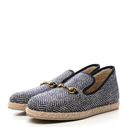 Gucci Covered Wool Herringbone Mens Fria Horsebit Loafers 7.5 Space Blue Oatmeal 3 of 9