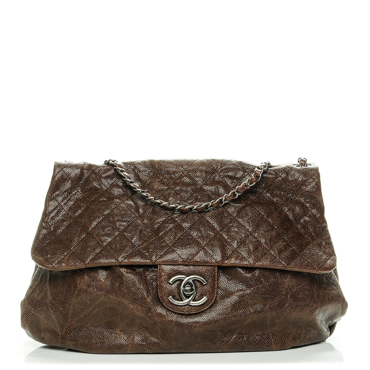 Grained Calfskin Quilted Maxi Elastic Flap Brown