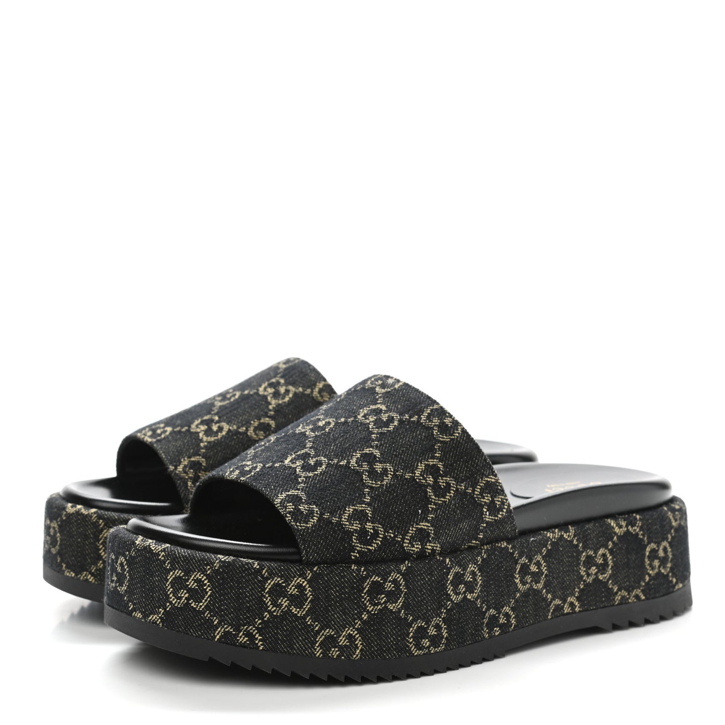 Jacquard Black Denim GG Monogram Angelina Platform 55mm Slide Sandals 38.5 Black Ivory
