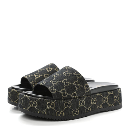 Gucci Jacquard Black Denim GG Monogram Angelina Platform 55mm Slide Sandals 38.5 Black Ivory 3 of 9