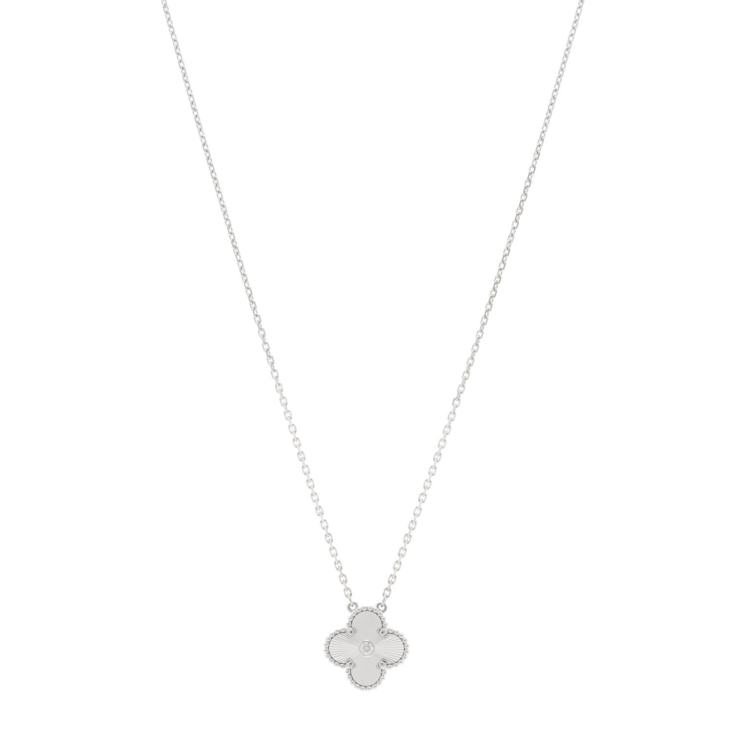 Van Cleef & Arpels 18K White Gold Diamond Guilloche Vintage Alhambra Pendant Necklace 1 of 4