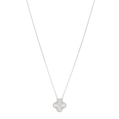 Van Cleef & Arpels 18K White Gold Diamond Guilloche Vintage Alhambra Pendant Necklace 1 of 4