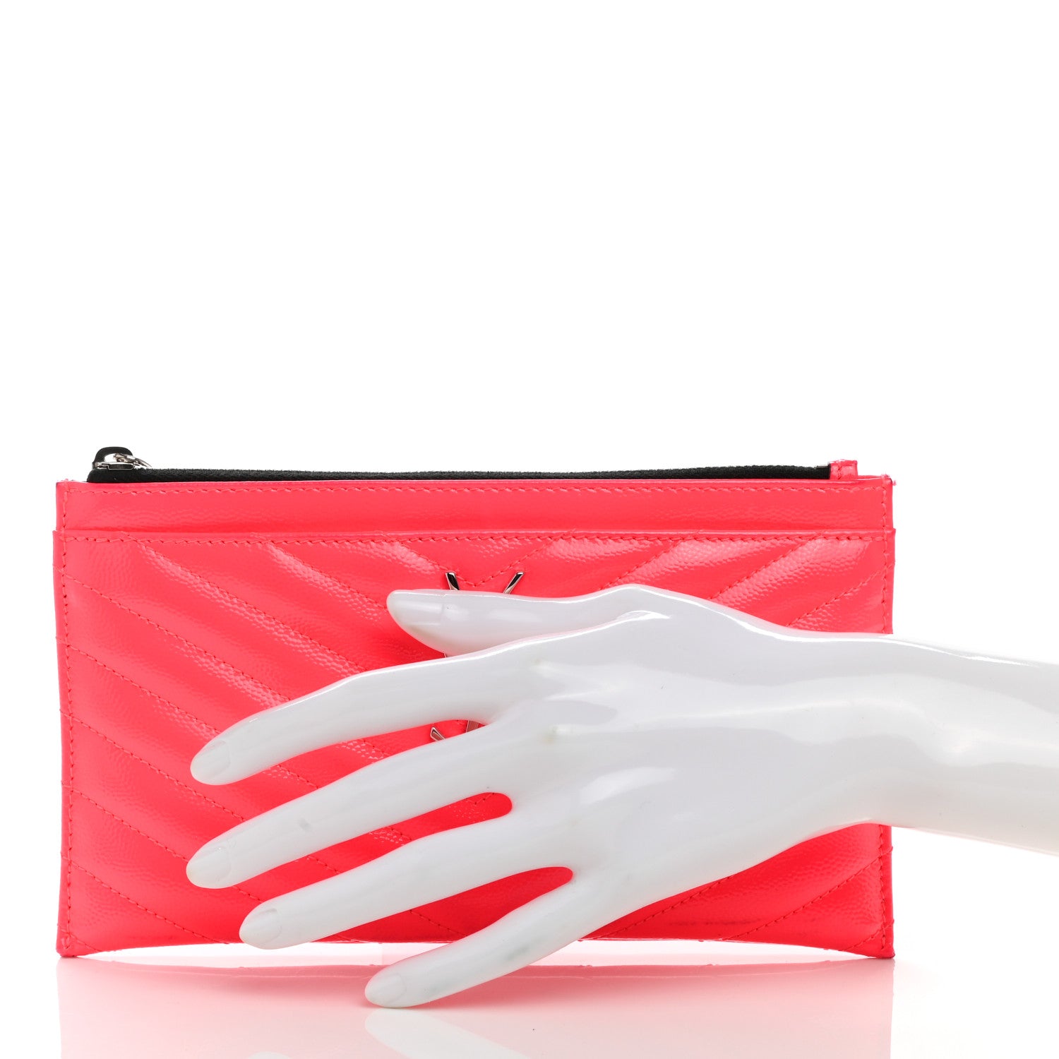 Saint Laurent Patent Grain De Poudre Matelasse Chevron Monogram Bill Pouch Neon Pink 2 of 12
