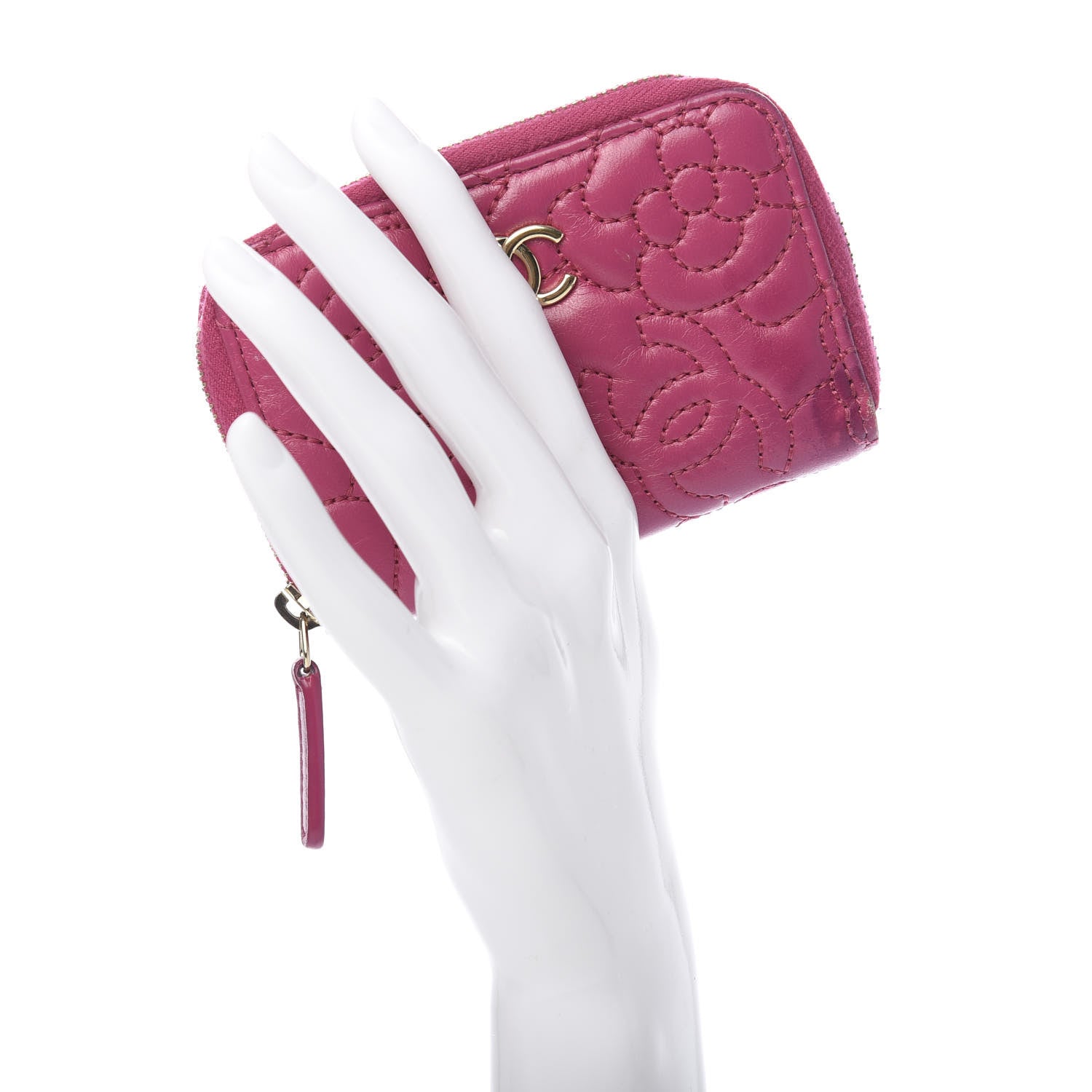 Chanel Lambskin Camellia Embossed Zip Coin Purse Fuchsia 2 of 12