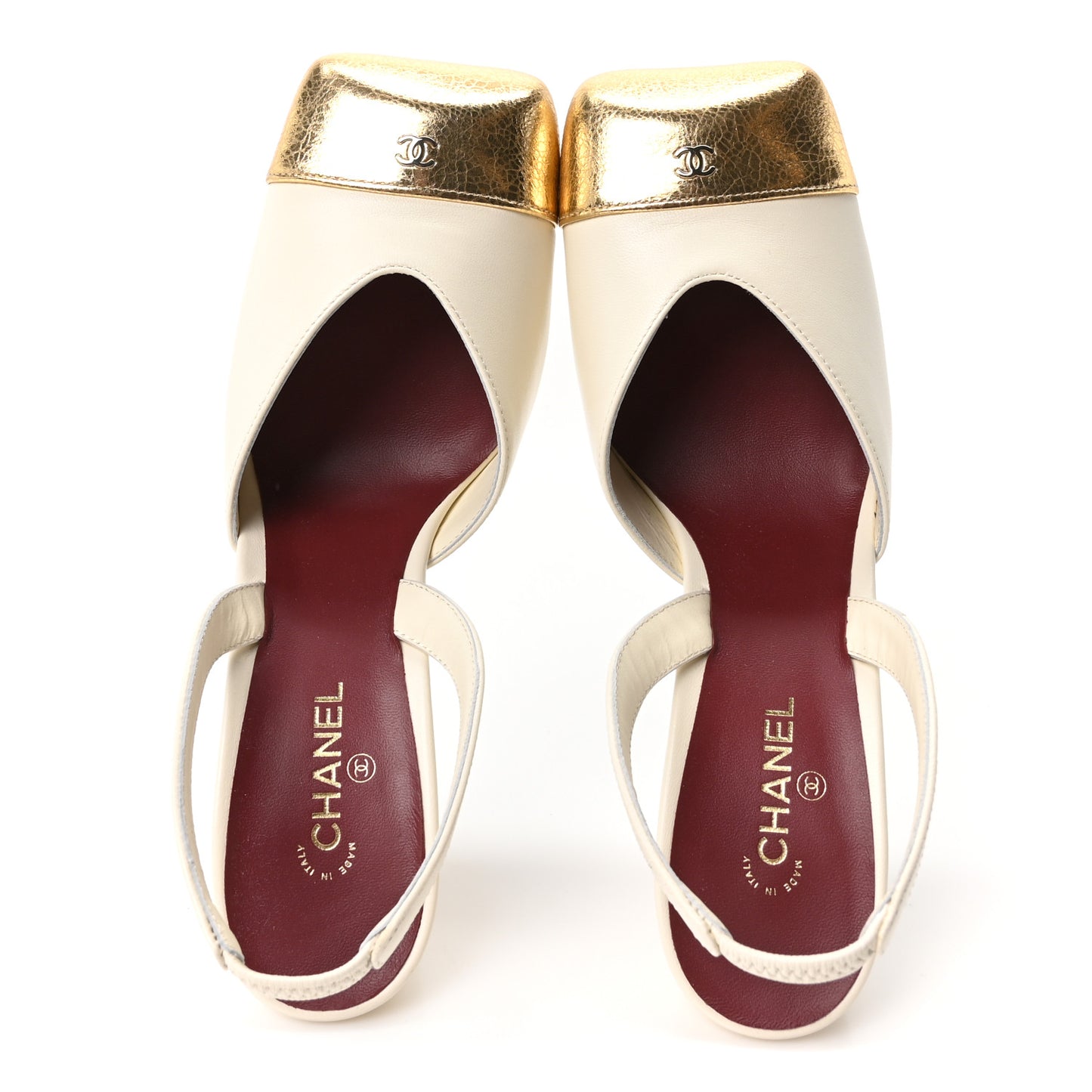 Lambskin Metallic Crackled Calfskin Square Cap Toe CC Slingback Pumps 38 Ivory Gold