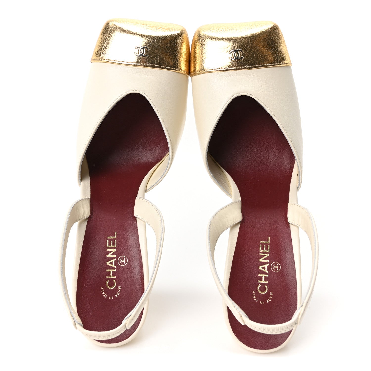 Chanel Lambskin Metallic Crackled Calfskin Square Cap Toe CC Slingback Pumps 38 Ivory Gold 2 of 10