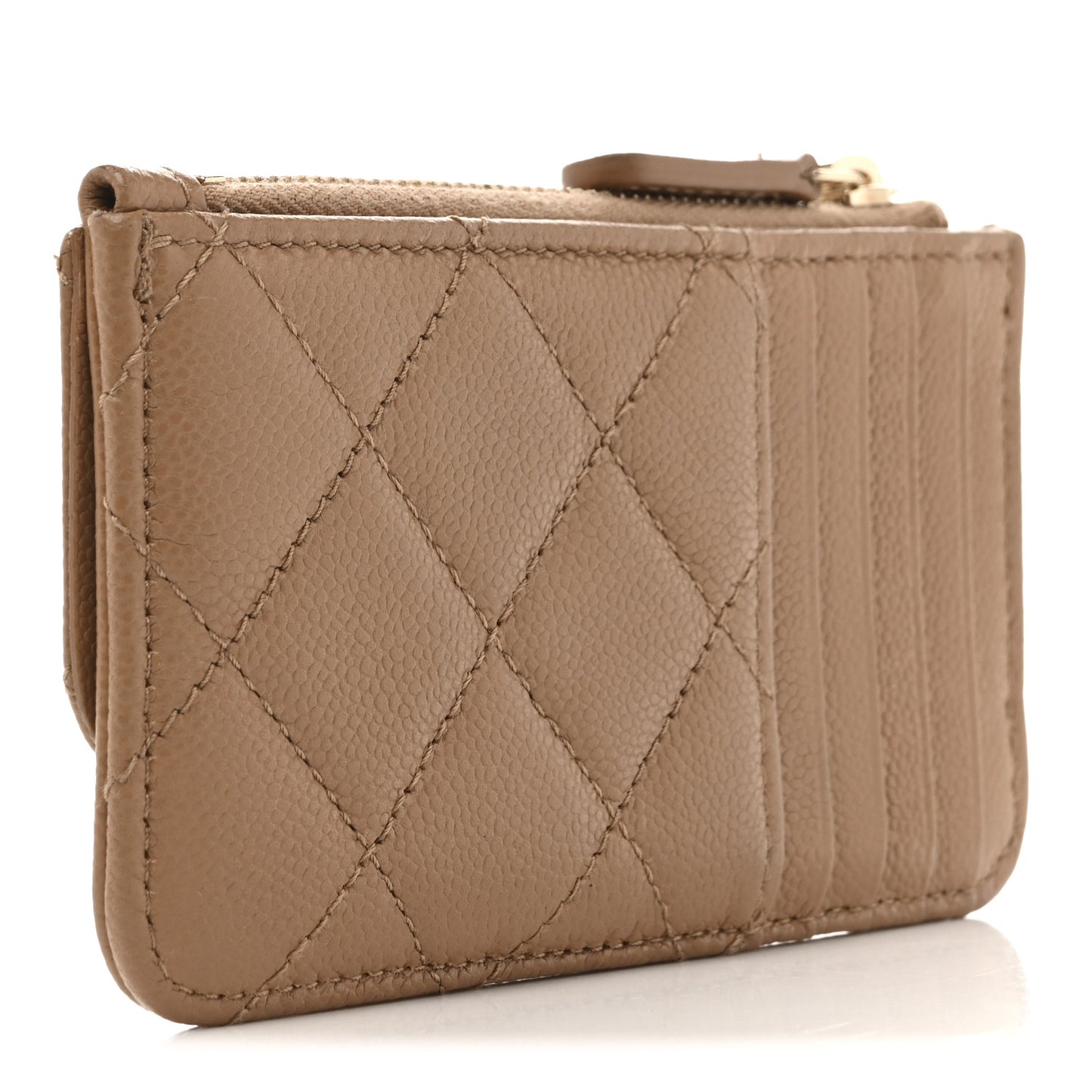 Caviar Quilted Flap Zip Card Holder Dark Beige