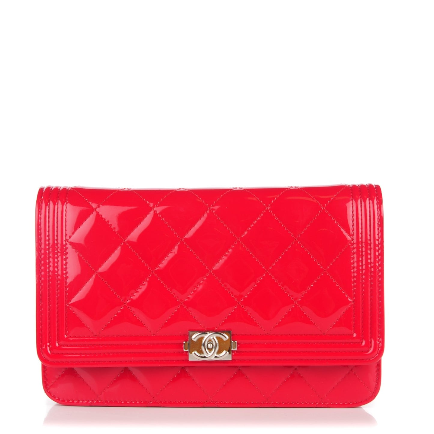 Patent Calfskin Quilted Boy Wallet On Chain WOC Red